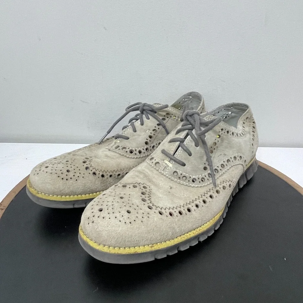 Cole Haan Zerogrand Wingtip Oxford Men 9M Suede Leather Tan Perforated Casual